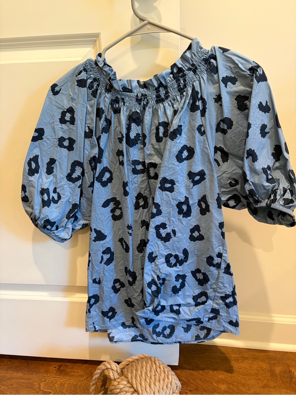 THML Light Blue Leopard Print Off-Shoulder Puff Sleeve Top